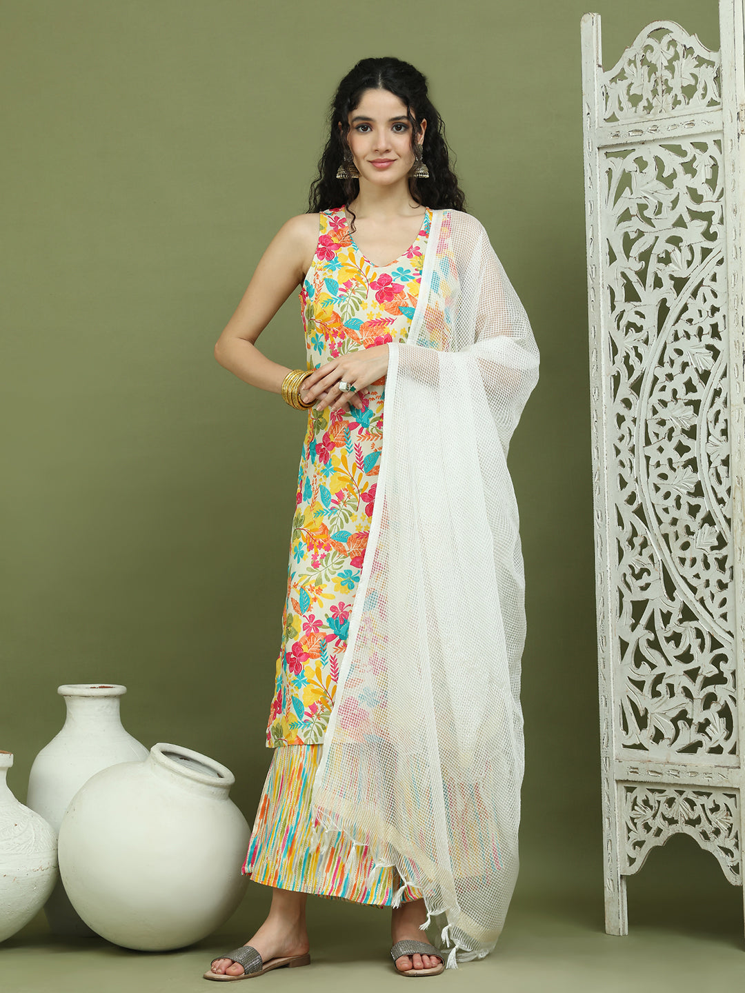 Foil Printed Rayon Kurta Palazzos & Dupatta for Women ( JOKPL 2137Mul D31W 1576 White )