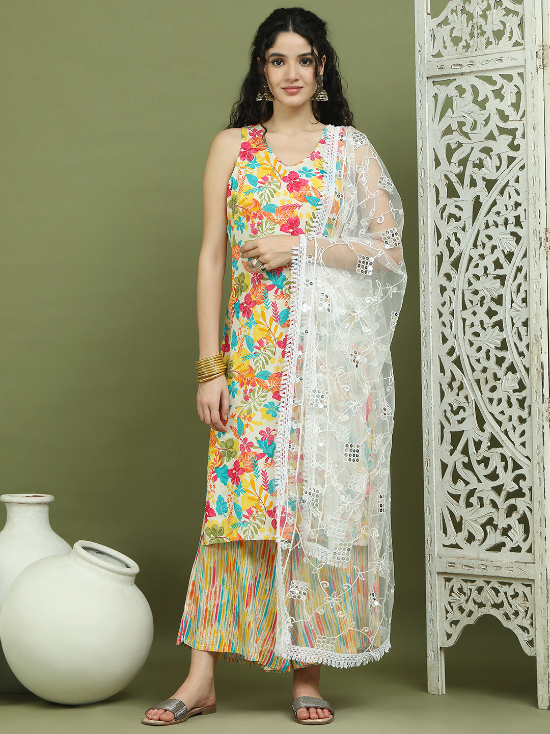 Foil Printed Rayon Kurta Palazzos & Dupatta for Women ( JOKPL 2137Mul D67W 1576 White )