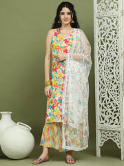 Foil Printed Rayon Kurta Palazzos & Dupatta for Women ( JOKPL 2137Mul D67W 1576 White )
