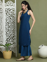 Embroidered Rayon Kurta With Palazzos ( JOKPL 2137Pe 1579 Peacock )
