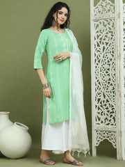 Lace Work, Woven Design straight Kurta Palazza & Dupatta ( JOKPL 2137W D31W 1570 Green )