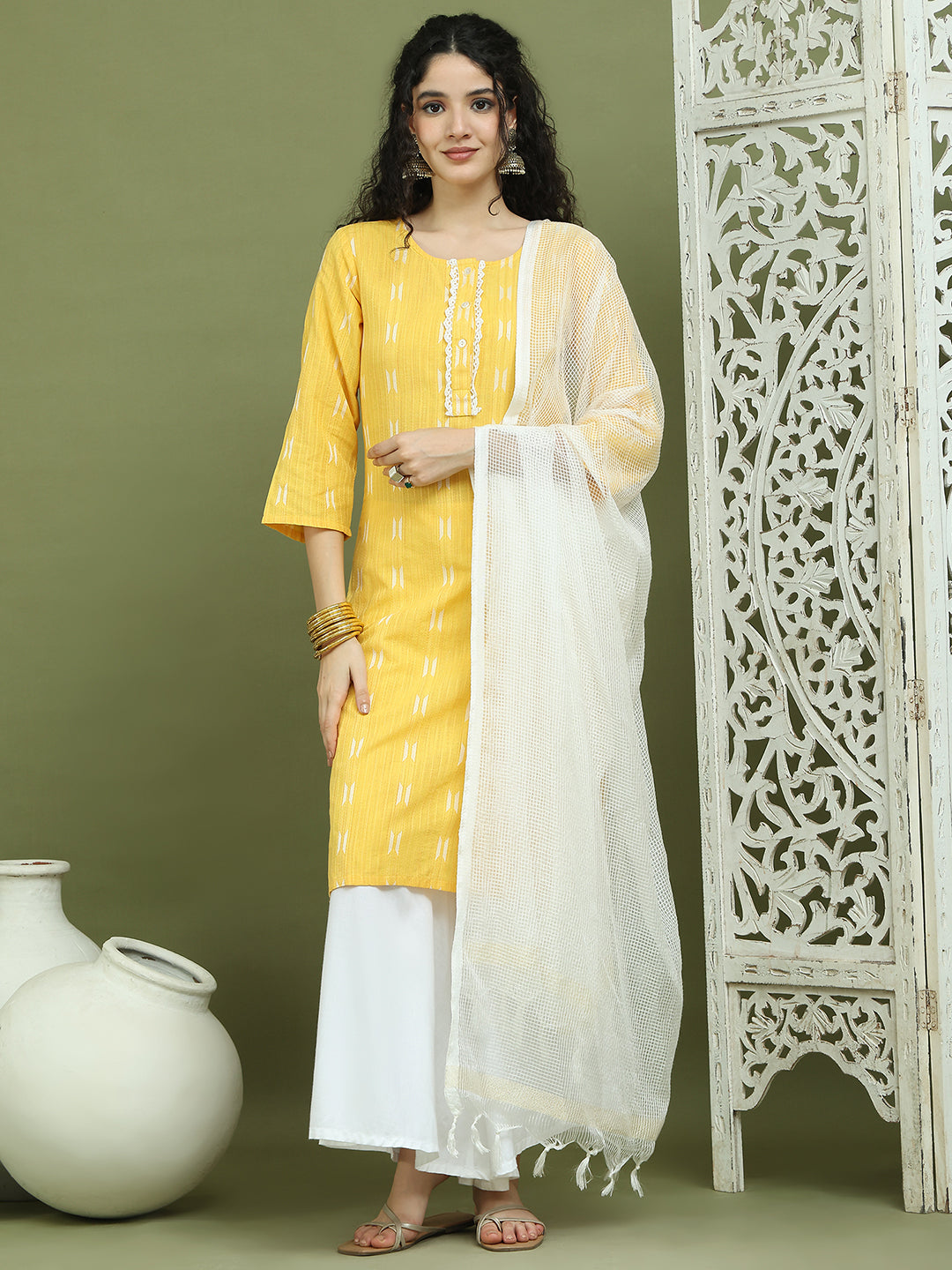 Lace Work, Woven Design straight Kurta Palazza & Dupatta ( JOKPL 2137W D31W 1570 Yellow )