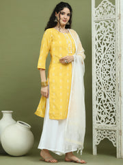 Lace Work, Woven Design straight Kurta Palazza & Dupatta ( JOKPL 2137W D31W 1570 Yellow )