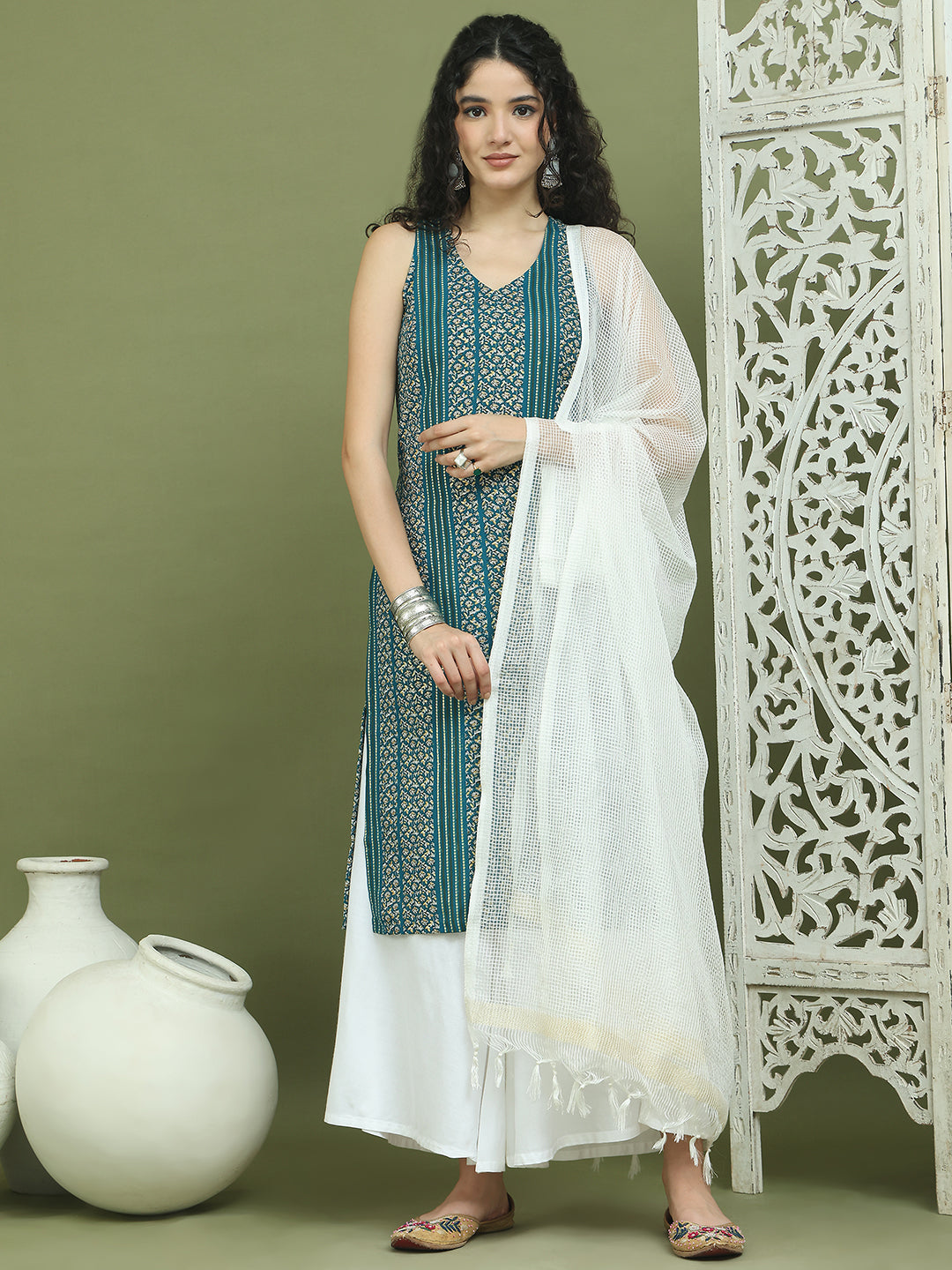 Foil Printed Rayon Kurta Palazzos & Dupatta for Women ( JOKPL 2137W D31W 1575 Blue )