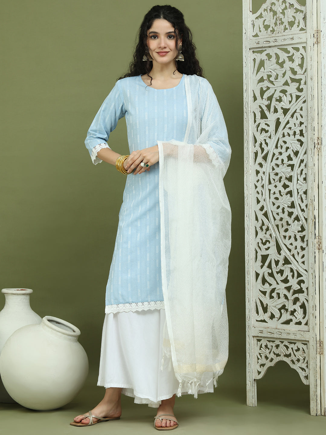 Lace Work, Woven Design straight Kurta Palazzo With Dupatta ( JOKPL 2137W D31W 1588 Blue )