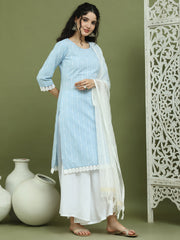 Lace Work, Woven Design straight Kurta Palazzo With Dupatta ( JOKPL 2137W D31W 1588 Blue )