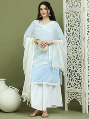 Lace Work, Woven Design straight Kurta Palazzo With Dupatta ( JOKPL 2137W D31W 1588 Blue )
