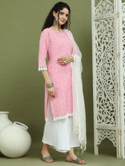Lace Work, Woven Design straight Kurta Palazzo With Dupatta ( JOKPL 2137W D31W 1588 Pink )