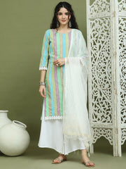 Lace Work, Woven Design straight Kurta Palazzo Dupatta Set ( JOKPL 2137W D31W 1589 Green )