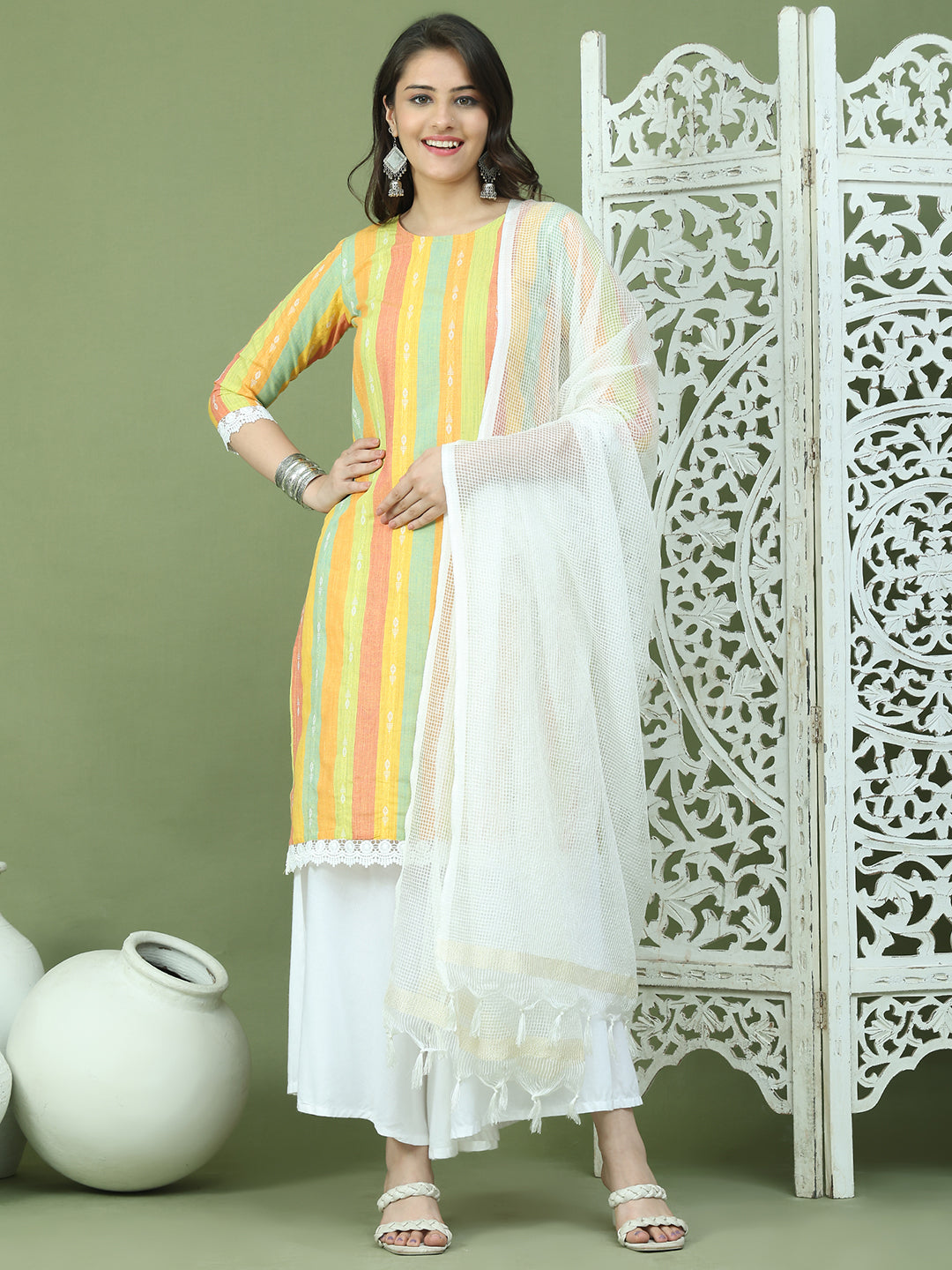 Lace Work, Woven Design straight Kurta Palazzo Dupatta Set ( JOKPL 2137W D31W 1589 Yellow )