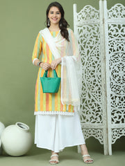 Lace Work, Woven Design straight Kurta Palazzo Dupatta Set ( JOKPL 2137W D31W 1589 Yellow )