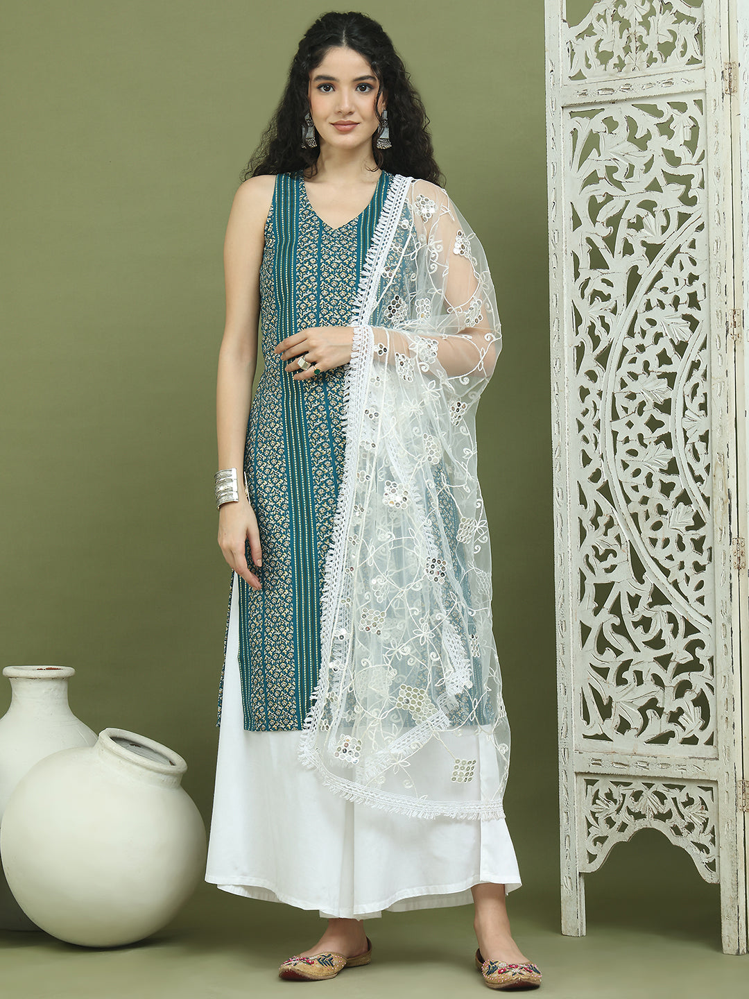 Foil Printed Rayon Kurta Palazzos & Dupatta for Women ( JOKPL 2137W D67W 1575 Blue )