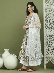 Foil Printed flared kurta pallazos With Dupatta ( JOKPL 2137W D67W 1581 Brown )