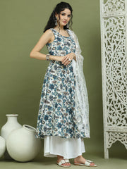 Foil Printed flared kurta pallazos With Dupatta ( JOKPL 2137W D67W 1581 Navy )
