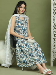Foil Printed flared kurta pallazos With Dupatta ( JOKPL 2137W D67W 1581 Navy )