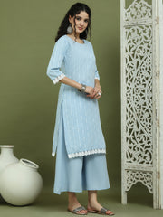 Lace Work, Woven Design straight Kurta With Palazzo ( JOKPL 2138B 1588 Blue )