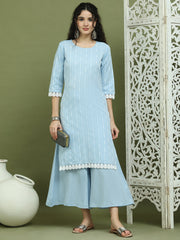Lace Work, Woven Design straight Kurta With Palazzo ( JOKPL 2138B 1588 Blue )