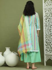 Lace Work, Woven Design straight Kurta Palazzo Dupatta Set ( JOKPL 2138G D70Mul 1589 Green )