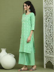 Lace Work, Woven Design straight Kurtas for Women ( JOK 1570 Green )