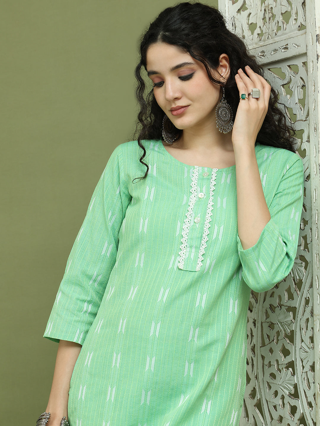 Lace Work, Woven Design straight Kurtas for Women ( JOK 1570 Green )