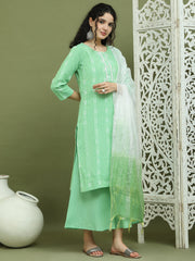 Lace Work, Woven Design straight Kurta Palazza & Dupatta ( JOKPL 2138Gr D69WG 1570 Green )