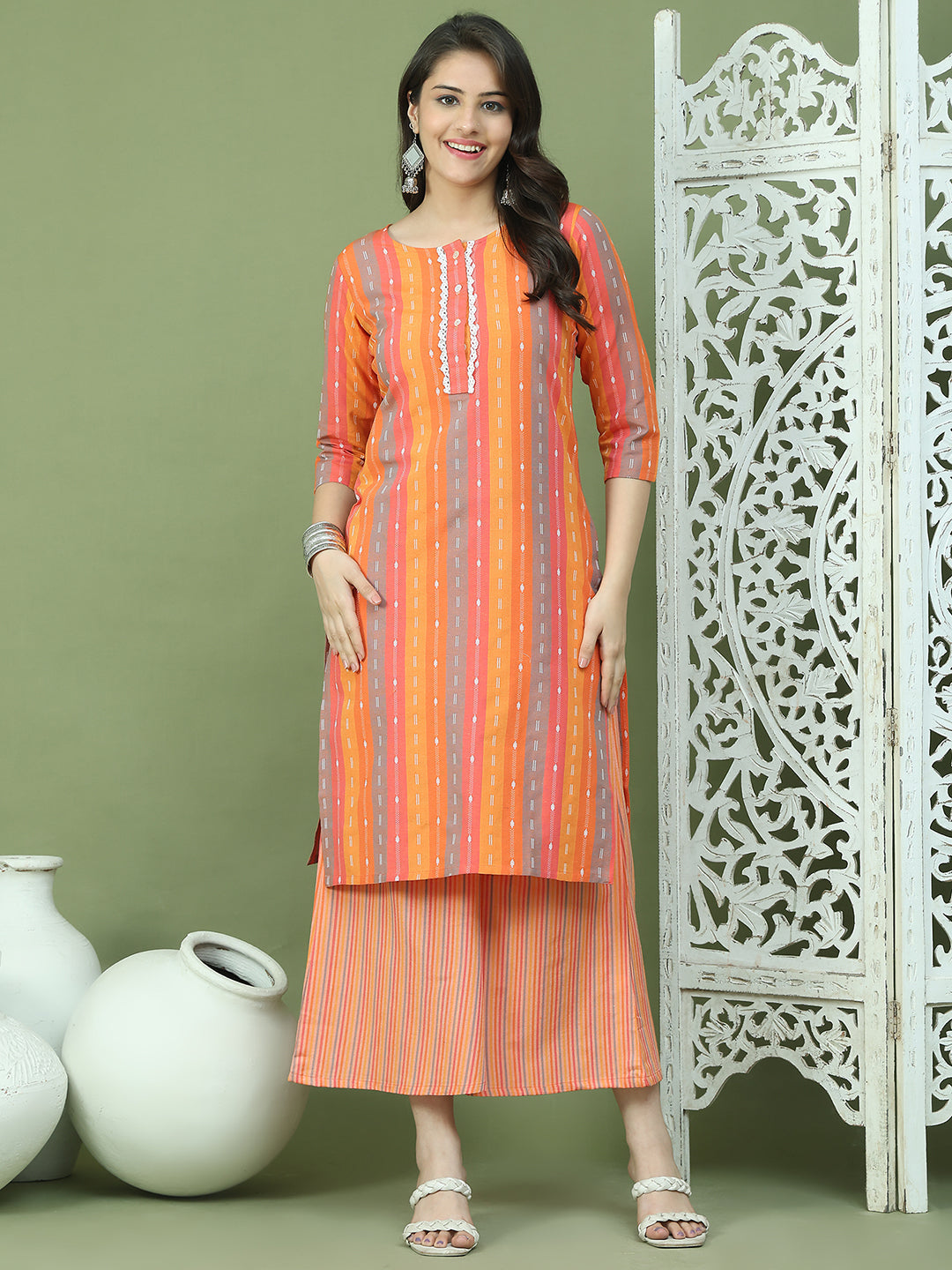 Lace Work, Woven Design straight Kurta With Palazzo ( JOKPL 2138Or 1570 Orange )