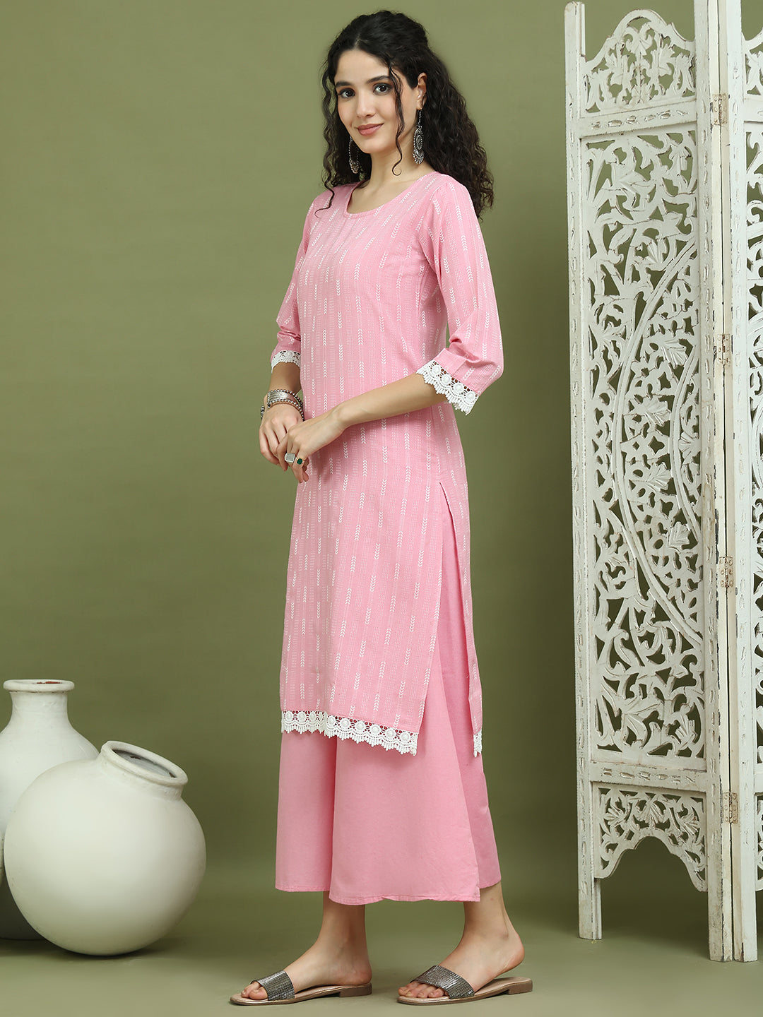 Lace Work, Woven Design straight Kurtas for Women ( JOK 1588 Pink )
