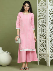 Lace Work, Woven Design straight Kurta With Palazzo ( JOKPL 2138Pi 1588 Pink )