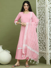 Lace Work, Woven Design straight Kurta Palazzo With Dupatta ( JOKPL 2138Pi D10P 1588 Pink )