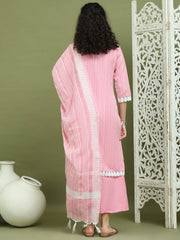 Lace Work, Woven Design straight Kurta Palazzo With Dupatta ( JOKPL 2138Pi D10P 1588 Pink )