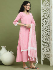 Lace Work, Woven Design straight Kurta Palazzo With Dupatta ( JOKPL 2138Pi D10P 1588 Pink )