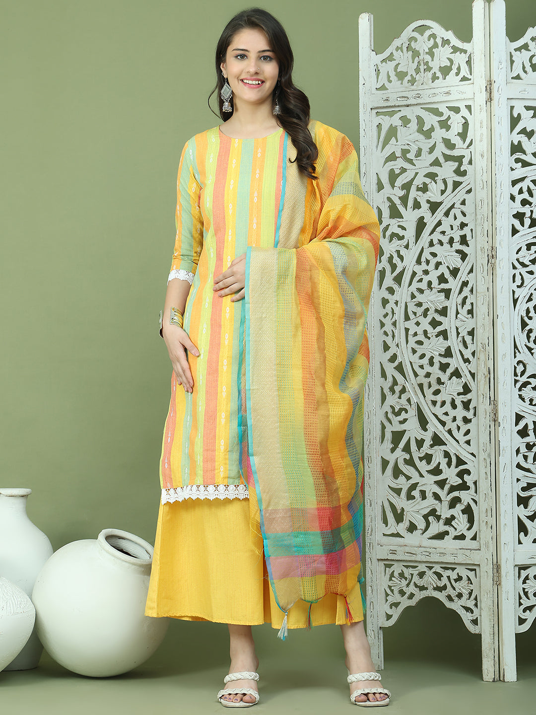 Lace Work, Woven Design straight Kurta Palazzo Dupatta Set ( JOKPL 2138Y D70Mul 1589 Yellow )