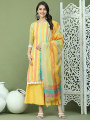 Lace Work, Woven Design straight Kurta Palazzo Dupatta Set ( JOKPL 2138Y D70Mul 1589 Yellow )