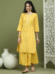 Lace Work, Woven Design straight Kurtas for Women ( JOK 1570 Yellow )