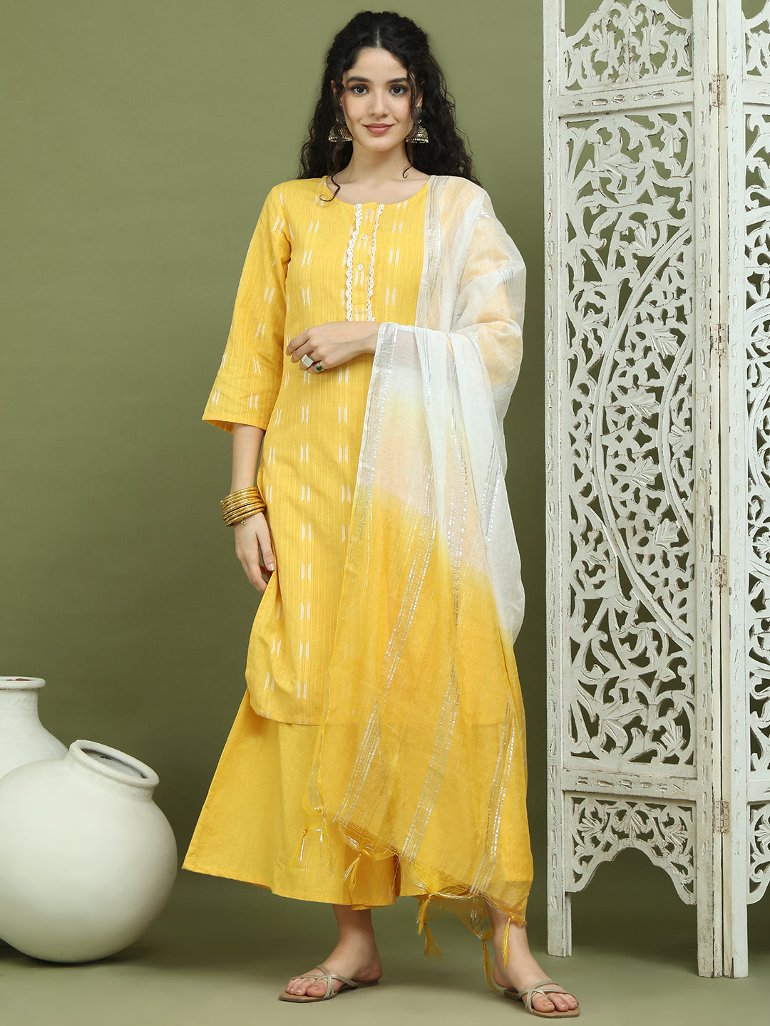 Lace Work, Woven Design straight Kurta Palazza & Dupatta ( JOKPL 2138Yel D69YW 1570 Yellow )