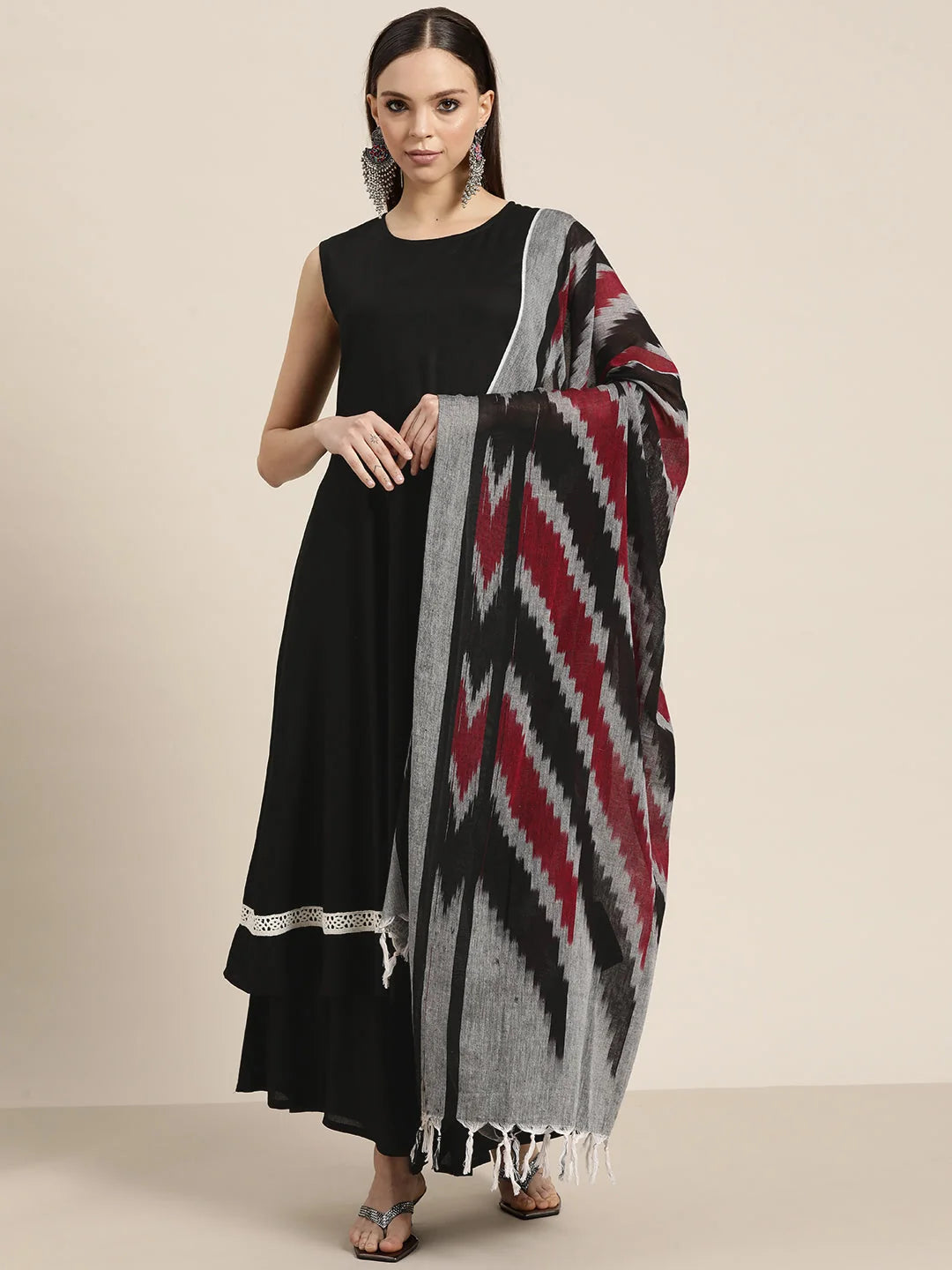 Women's Ikkat Dupatta Anarkali Kurta and Palazzo Set - Rayon