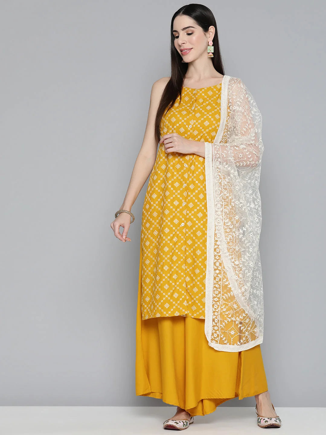 Printed Kurta with Palazzos & With Chikankari Dupatta ( JOKPL D28W 1495 Mustard )-JOKPL-D28W-1495