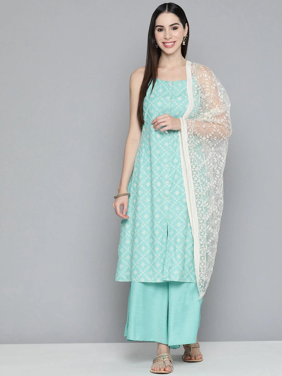 Blue Printed Kurta Palazzo Set with Chikankari Dupatta | Rayon