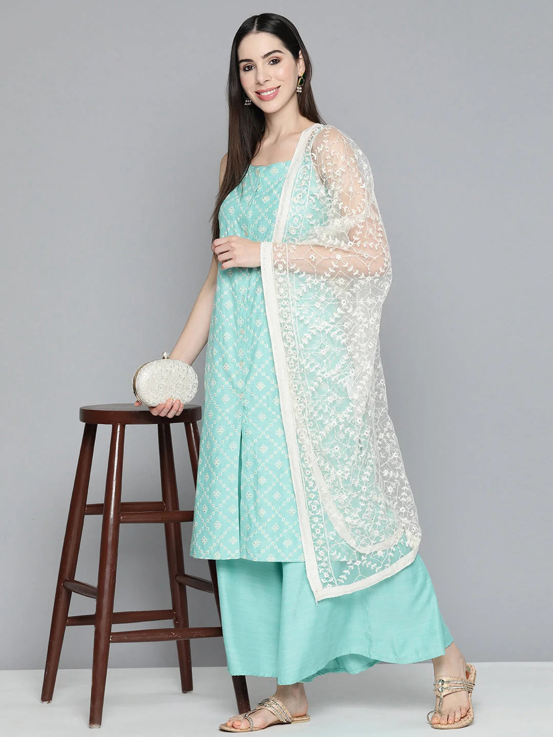 Blue Printed Kurta Palazzo Set with Chikankari Dupatta | Rayon