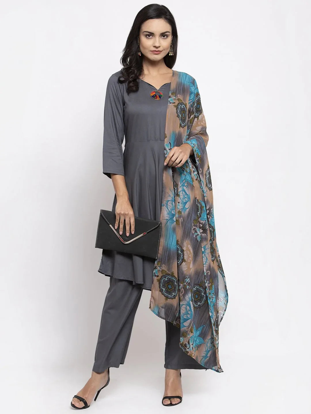 Women Grey Solid Kurta with Palazzos & Gorgette Printed Dupatta ( JOKPL D2B 1312 Grey )-JOKPL-D2B-1312
