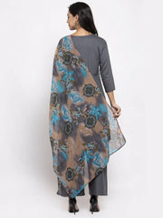 Women Grey Solid Kurta with Palazzos & Gorgette Printed Dupatta ( JOKPL D2B 1312 Grey )-JOKPL-D2B-1312