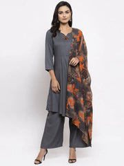 Women Grey Solid Kurta with Palazzos & Gorgette Orange Printed Dupatta ( JOKPL D2O 1312 Grey )-JOKPL-D2O-1312