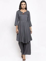 Women Grey Solid Kurta with Palazzos & Gorgette Orange Printed Dupatta ( JOKPL D2O 1312 Grey )-JOKPL-D2O-1312
