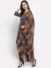 Women Grey Solid Kurta with Palazzos & Gorgette Orange Printed Dupatta ( JOKPL D2O 1312 Grey )-JOKPL-D2O-1312