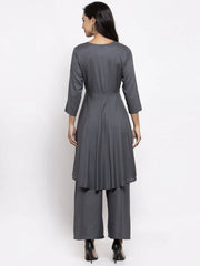 Women Grey Solid Kurta with Palazzos & Gorgette Orange Printed Dupatta ( JOKPL D2O 1312 Grey )-JOKPL-D2O-1312