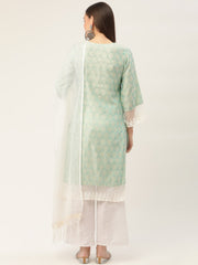 Women Blue Ethnic Motifs Jacquard Kurta with Palazzos & With Dupatta-JOKPL-D31W