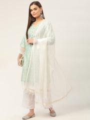 Women Blue Ethnic Motifs Jacquard Kurta with Palazzos & With Dupatta-JOKPL-D31W