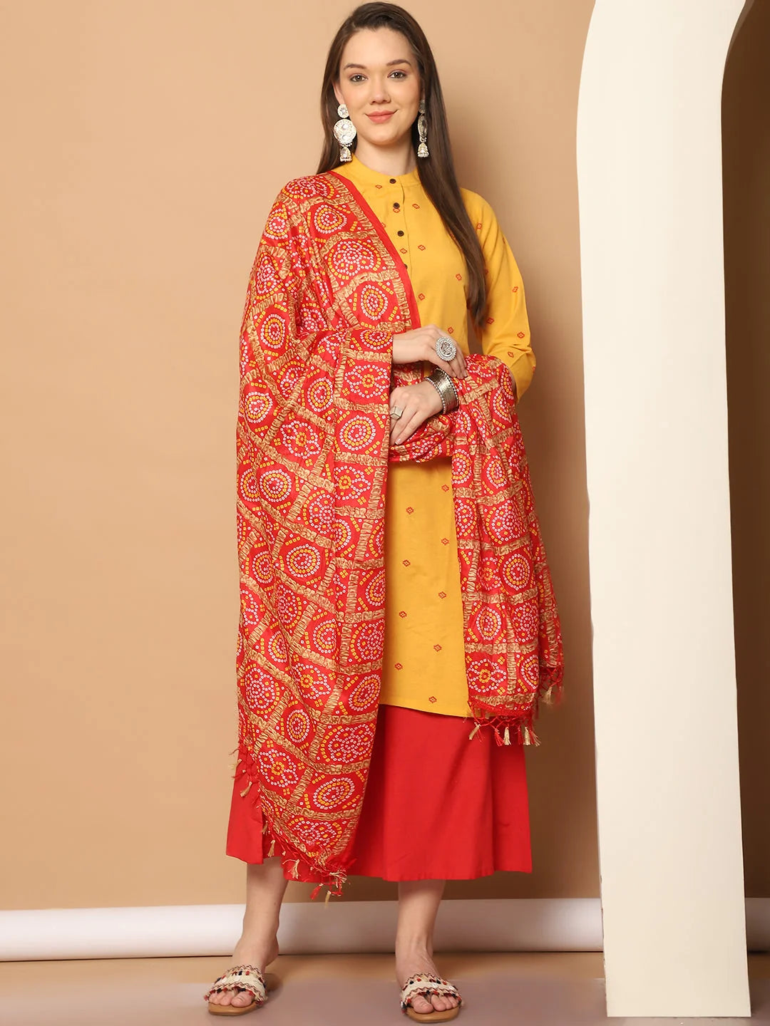 Yellow Woven Design Kurta Palazzo Set for Women-With Dupatta