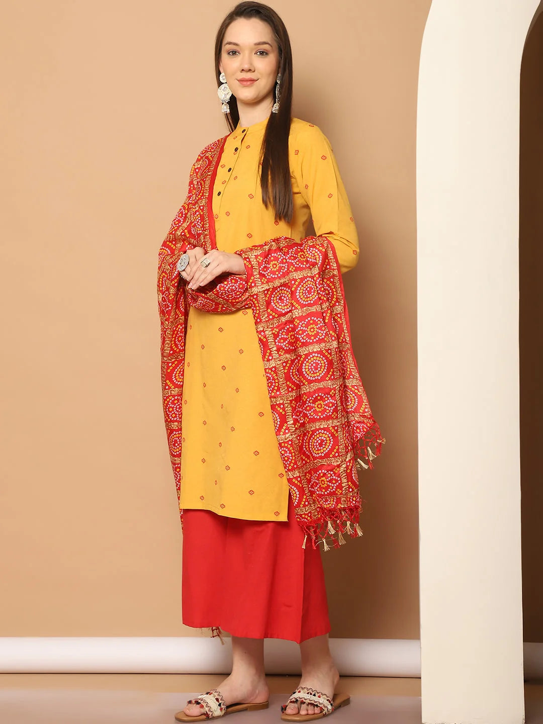 Yellow Woven Design Kurta Palazzo Set for Women-With Dupatta