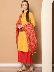 Women Woven Design Kurta with Palazzos & With Dupatta ( JOKPL D37R 1555 Yellow )-JOKPL-D37R